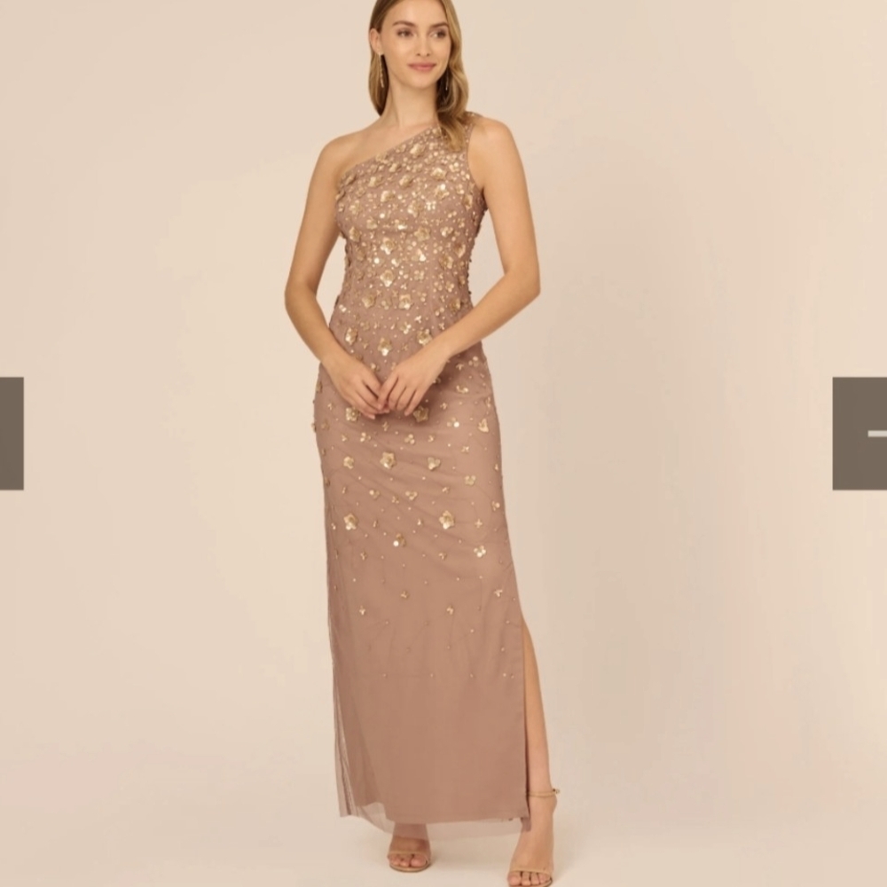 New Adrianna Papell 3D Floral Beaded One Shoulder Column Gown